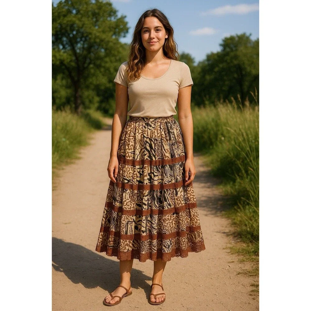 La Cera Women’s Boho Patchwork Animal Print Hippie Gypsy Tiered Maxi Skirt Sz Lg